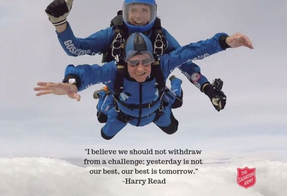 Commissioner Harry Read, 94, skydives for anti-trafficking and modern-slavery work